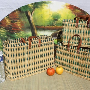 Green & Natural Tote Bag - Moroccan Basket with Leather Handles - 3 sizes - ideal shopping, markets, work, beach...