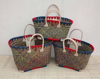 Cesta de mimbre multicolor tejida a mano, bolso tote bohemio, cesta de mercado artesanal, bolso de playa natural con asas de cuero, 3 tamaños