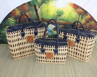 Blue MOROCCAN Cane Basket - ZIP ZIPPER - Shopping bag, markets, work, beach ... Short and long handles