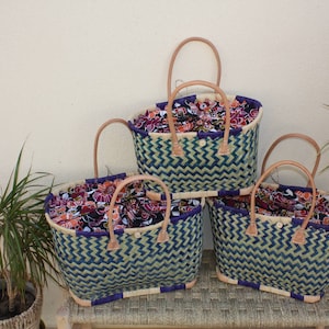 Shopping basket with Multicolor Orange & Fuchsia WAX Fabric Pouch - Market shopping bag - Beach bag - 3 SIZES -