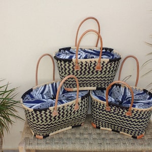 Black & Natural Market Basket - Blue and White WAX Fabric Pouch - Shopping Tote - Beach Bag - 3 SIZES -