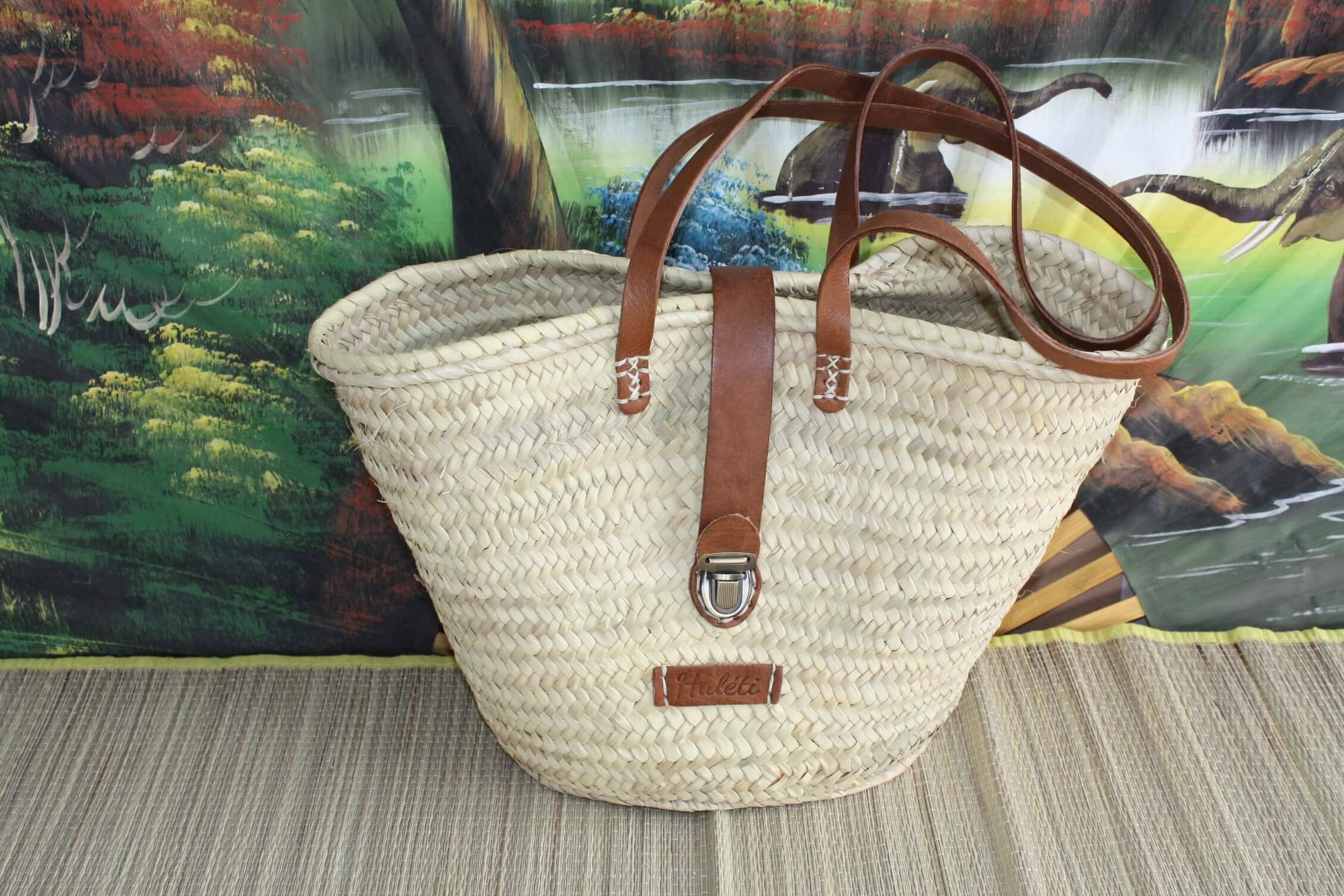 Long Short Leather Handle Woven Palm French Market Shopping Beach Bag Basket 