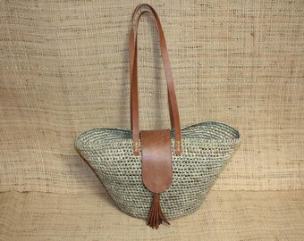 Basket with Flap + Long Handles in Natural Leather - Straw Beach Bag, Summer Shopping Bag