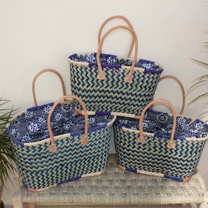 Shopping basket with WAX fabric pouch Blue flowers - Market tote - Beach bag - 3 SIZES -