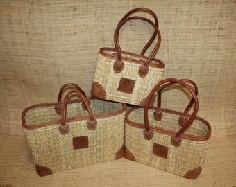 Superbe Panier en Osier avec Renforts en Cuir ! Courses, Marché, Plage... DISPO EN 3 TAILLES !