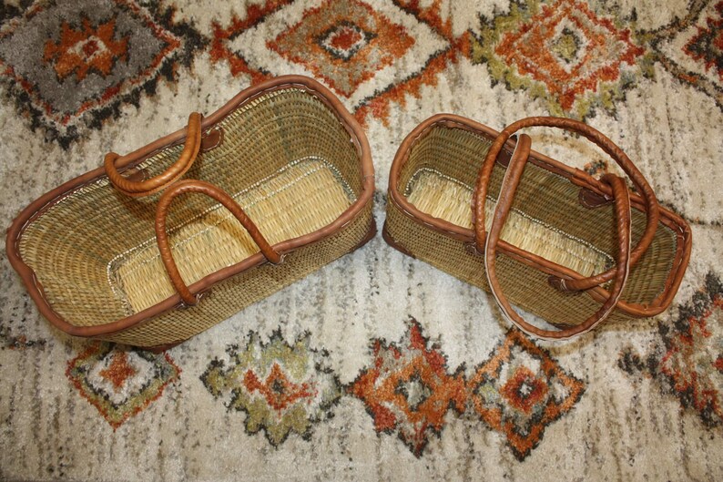 Ancienne Créole De Pêche En Osier – Sangle Cuir/toile – Renforts Cuir – Vintage