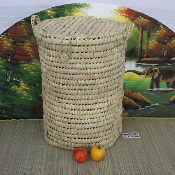 Large Round Laundry Basket - BRAIDED HAND in White PALM Tree - Rattan straw wicker basket