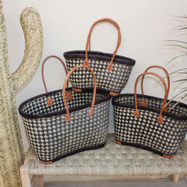 Hermosa cesta de compras - MADAGASCAR - Bolso Tote DAMIER Negro y Natural - Tejido a mano - 3 tamaños a elegir - playa de mimbre de paja