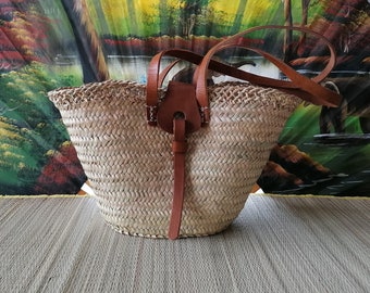 Long Handles Leather Bag - Shopping market shopping bag straw wicker beach basket