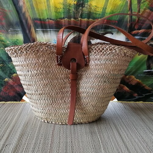 large straw bag with leather handles