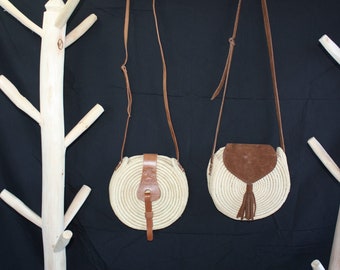 SUPERB Round Raffia Crochet Bag with Shoulder Strap - Leather or suede - straw wicker - HANDMADE -