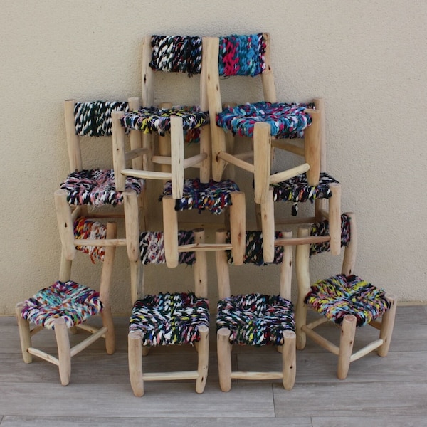 Children's Chair - Lemon Wood & Recycled Fabric - Moroccan Berber Handicraft - HANDMADE -