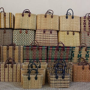 Cesta de mimbre maciza - Bolsa de compras o de playa de paja - Tejida a mano - 3 tamaños - Fondo plano de ratán marroquí
