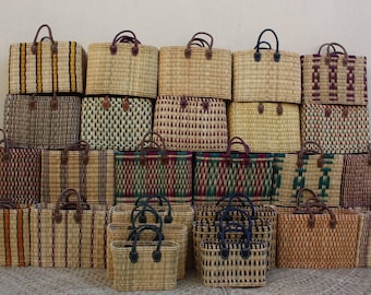Solid Wicker Basket - Market / Shopping Bag or Straw Beach Bag - Hand Woven - 3 SIZES - Moroccan rush rattan flat bottom