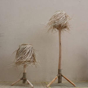 LARGE Living Room Lamp - Eucalyptus WOOD + PALM TREE Lampshade - Handmade - straw rattan wicker