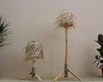 Lámpara grande para salón - Madera de eucalipto + pantalla de palma - Hecha a mano - Paja, ratán, mimbre