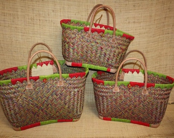 Madagascar Colorful Basket - Shopping Tote Bag - 3 Sizes - Mix 3 Colors - Market, Beach, Shopping