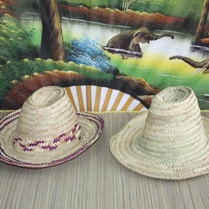Puede incluir: Dos sombreros de paja de ala ancha. Un sombrero tiene una banda tejida de color morado y blanco alrededor de la corona. Los sombreros est&aacute;n sobre una estera tejida.