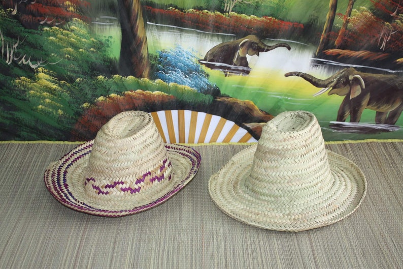 Puede incluir: Dos sombreros de paja de ala ancha. Un sombrero tiene una banda tejida de color morado y blanco alrededor de la corona. Los sombreros est&aacute;n sobre una estera tejida.