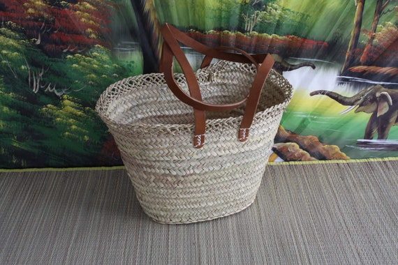 Sublime Sac Anses longues plates en cuir panier couffin palmier