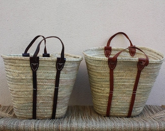 Cesta XXL grande sólida para compras de mercado de playa - Bolso de mano de mimbre paja ratán marroquí palma