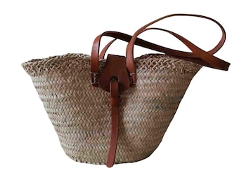 Long Handles Leather Bag - Shopping market shopping bag straw wicker beach basket