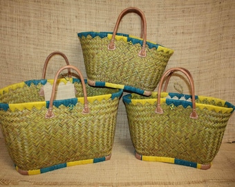 Beautiful shopping basket - MADAGASCAR - Yellow & Turquoise Tote Bag - Hand-woven - 3 sizes to choose from - beach wicker straw