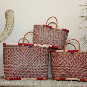 Shopping tote bag - MADAGASCAR BASKET - Red & Natural - Hand Braided - 3 sizes to choose from - straw wicker beach market