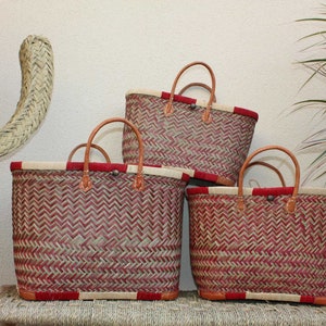 Sac Cabas de courses - PANIER de MADAGASCAR - Rouge & Naturel - Tressé Main - 3 tailles au choix - marché plage osier paille