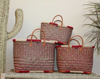 Shopping Tote Bag - PANIER de MADAGASCAR - Rood & Natuurlijk - Handgeweven - 3 maten om uit te kiezen - stro rieten strandmarkt