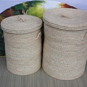 LARGE XXL Round laundry basket - Hand-woven in Raffia - 2 SIZES to choose from - Basket with lid - rattan straw wicker -