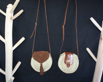 SUPERB Round palm tree bag with shoulder strap - Leather or Suede - HANDMADE - summer woman -