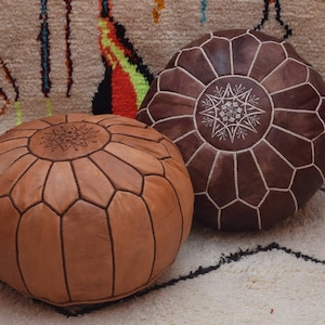 MOROCCAN LEATHER OTTOMAN - Pouf Footstool - Decorative Handmade Seat Cushion - Bohemian & Chic - 5 colors -