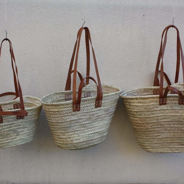DOUBLE BASKET Short + Long Leather Handles - Straw Bag Shopping Markets Bags natural wicker beach - 3 SIZES of your choice -