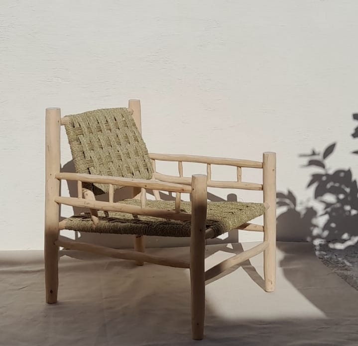 Gros Fauteuil En Bois Et Palmier - 100% Artisanal Original & Confortable