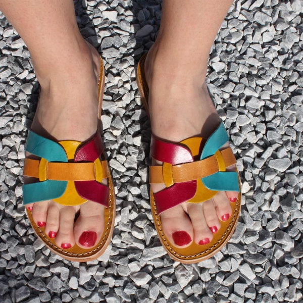 Women's Sandals - COMFORT LEATHER - Handmade & Natural - From 35 to 42 - Turquoise, yellow and Fuchsia -