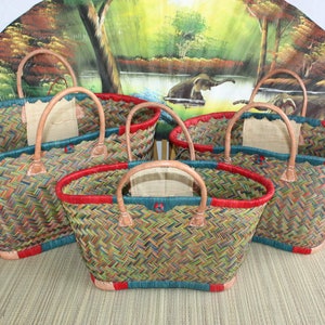 Large MADAGASCAR Shopping Basket - Blue Red Green Tote Bag - Solid Hand Braided - 3 sizes to choose from - beach wicker rattan straw