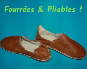 BABOUCHES CAMEL FOURRÉES - Polaire & Cuir - Chaleur et Confort - 100% Artisanal - Homme / Femme - Du 38 au 45 -