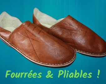 BABOUCHES Cuir CHAUDES - CHAUSSONS Polaire Confort - 100% Artisanal - Homme / Femme - Du 38 au 45 -