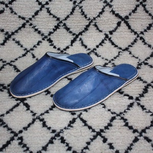 Blue LEATHER SLIPPERS - 100% artisanal Berber manufacture - Man & Woman - 5 to 14 -