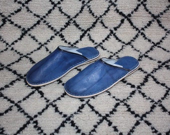 Blue LEATHER SLIPPERS - 100% artisanal Berber manufacture - Man & Woman - 5 to 14 -