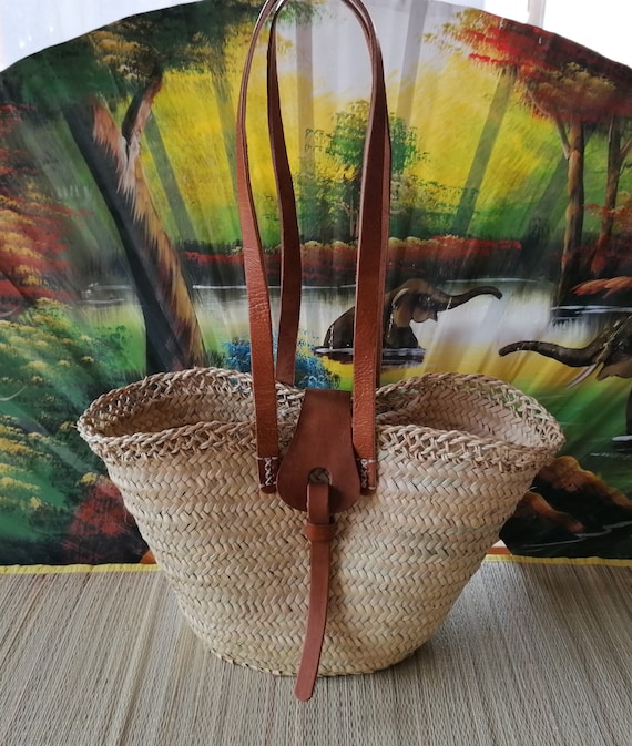 Long Handles Leather Bag Shopping Market Shopping Bag Straw Wicker