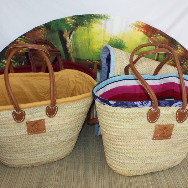 Grand Sac XXL Anses Longues avec tissu pochon africain - Panier paille Cabas marchés courses plage - 5 COULEURS au CHOIX -