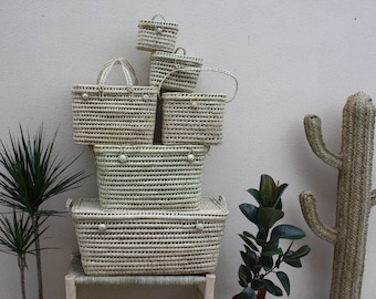 Storage chest / Braided trunk box in Palm tree & Cane - Basket with lid - Straw Rattan Wicker - 6 Sizes -