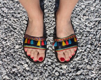 Black Leather Sandals - Women's Summer - Straps & Pompoms - Tong Comfort - From 35 to 43 -