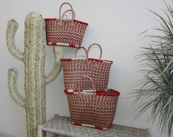 BASKET from Madagascar - TOTE BAG Shopping and Market - Red & Natural - Handcrafted - 3 sizes to choose from -