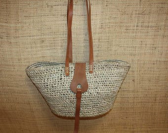 Stunning Natural Leather Basket with Long Handles - Straw Beach Bag, Summer Shopping Bag