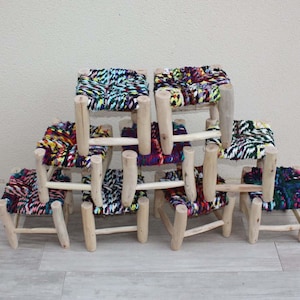 SMALL MOROCCAN STOOL - Lemon Tree Wood & Recycled Fabric - Boucherouite Craftsmanship - Sustainable Decoration -