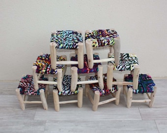 SMALL MOROCCAN STOOL - Lemon Tree Wood & Recycled Fabric - Boucherouite Craftsmanship - Sustainable Decoration -