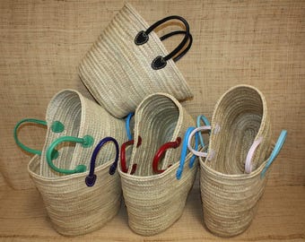 Large Rattan Shopping Basket | Straw Beach Bag | Wicker Market Tote - Leather Handles: Multiple Colors Available